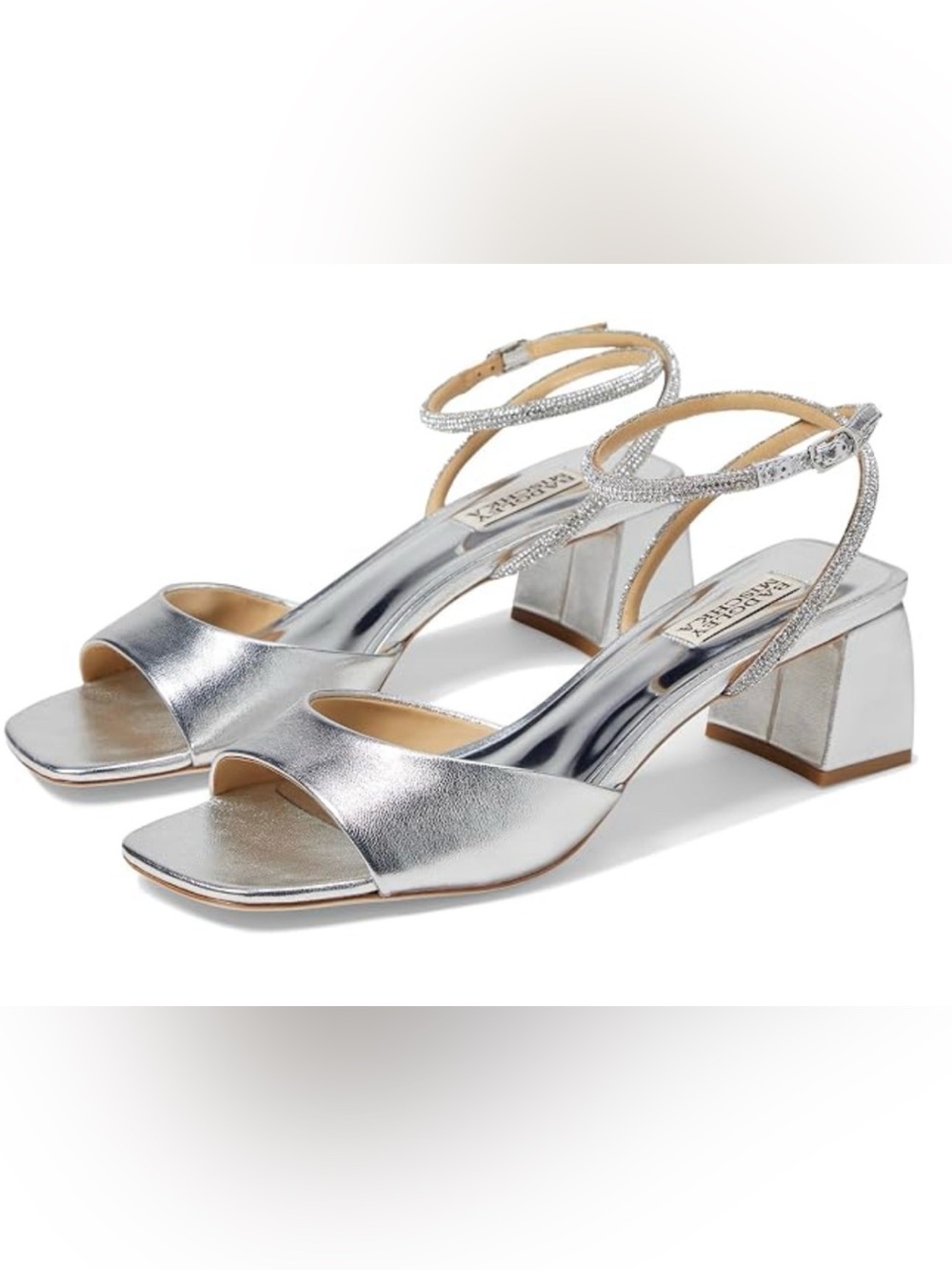 Badgley Mischka Infinity II. Silver Metallic Block Heel Slingback Sandals